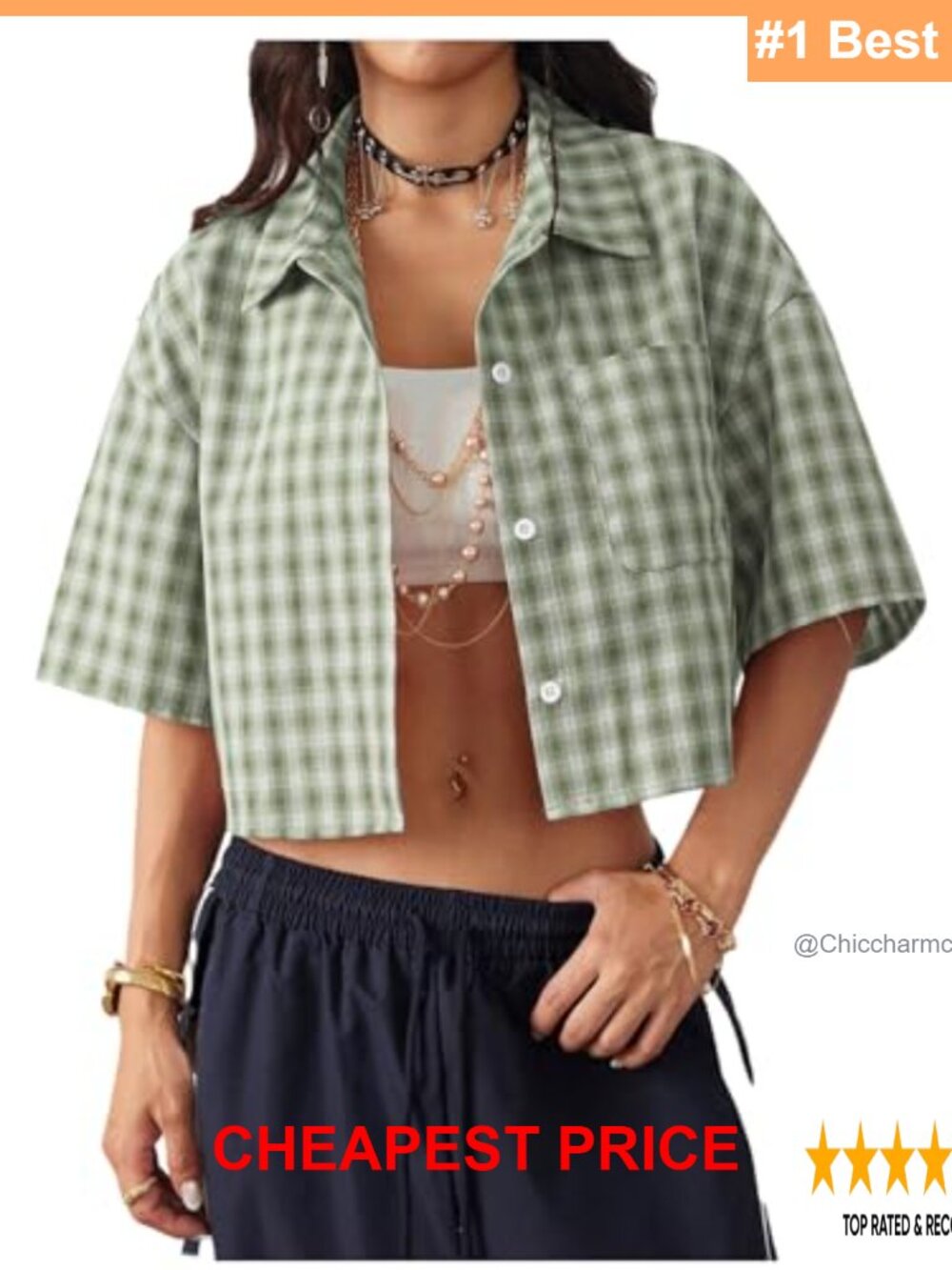 Crop Button Down Plaid Short Sleeve Blouse - Picture 1 of 5